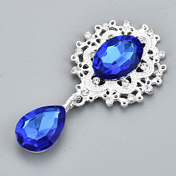 Blue Alloy Flat Back Cabochons, with Acrylic Rhinestones, Oval and Teardrop, Silver Color Plated, Faceted, Blue, 58x29x7mm, Pendant: 24.5x13x7mm