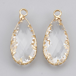 Real 18K Gold Plated Brass Glass Pendants, Faceted, teardrop, Clear, Real 18K Gold Plated, 24x10.5x5mm, Hole: 2mm