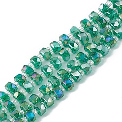 Green Transparent Electroplate Glass Beads Strands, Faceted, Rondelle, AB Color Plated, Green, 5.5x3.5~4mm, Hole: 1mm, about 100pcs/strand, 21.65~22.05 inch(55~56cm)