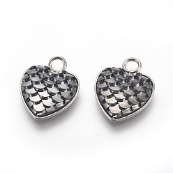 Dark Gray 304 Stainless Steel Pendants, with Resin, Heart with Fish Scale Shape, Stainless Steel Color, Dark Gray, 16x13x3.5mm, Hole: 2mm