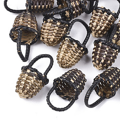 Black Handmade Reed Cane/Rattan Woven Pendants, For Making Straw Earrings and Necklaces, Basket, Black, 35~40x18~23mm