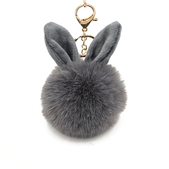 Slate Gray Easter Rabbit Faux Fluffy Ball Pendant Keychains, with Alloy Finding, Slate Gray, 90~100mm