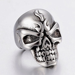 Antique Silver 304 Stainless Steel Beads, Large Hole Beads, Skull Head, Antique Silver, 14x10x12.5mm, Hole: 8mm