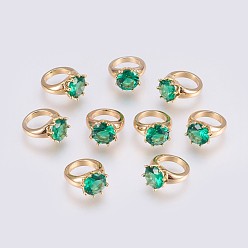 Emerald Brass Charms, Real 18K Gold Plated, Long-Lasting Plated, with Rhinestone, Ring, Nickel Free, Emerald, 12x10x6.5mm, Hole: 7mm