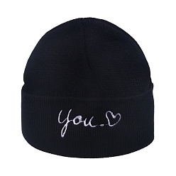 Cœur Bonnet à revers en fil de fibre de polyacrylonitrile, bonnet d'hiver en tricot pour femme, noir, motif de coeur, 300x185x18mm