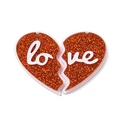 Rouge Orange Pendentifs en acrylique, une feuille d'or, charmes de couple, coeur avec l'amour des mots, rouge-orange, 57x40x4mm, Trou: 1.5mm