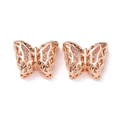 Pink Eco-friendly Brass Cubic Zirconia Multi-Strand Links, Cadmium Free & Lead Free, Butterfly, Rose Gold, Pink, 11x14x5.6mm, Hole: 1.2mm