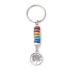 Antique Silver Tibetan Style Alloy Flat Round with Tree of Life Keychain, with Iron Split Key Rings and Chakra Natural Lava Rock, Antique Silver, 8.1cm