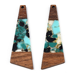 Turquoise Transparent Resin & Walnut Wood Big Pendants, with Gold Foil, Trapezoid Charms, Turquoise, 57.5x19.5x3mm, Hole: 2mm