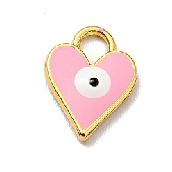 Pink Bras Enamel Charms, Cadmium Free & Lead Free, Golden, Heart with Evil Eye, Pink, 12.5x9x2mm, Hole: 2.6x3mm