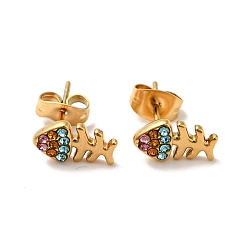 Colorful Rhinestone Fishbone Stud Earrings with 316 Surgical Stainless Steel Pins, Gold Plated 304 Stainless Steel Jewelry for Women, Colorful, 10.5x6mm, Pin: 0.7mm