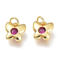 Hot Pink Brass Micro Pave Cubic Zirconia Charms, with Jump Ring, Butterfly, Golden, Hot Pink, 8x7.5x2.5mm, Hole: 1.5mm Jump rings: 3.5x0.8mm