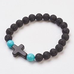 Lava Rock Synthetic Turquoise(Dyed) Beads Stretch Bracelets, with Natural Lava Rock Beads, Round and Cross, 2 inch(5.1cm)