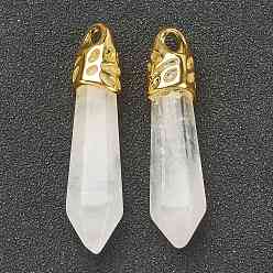Cristal de Quartz Pendentifs en cristal de quartz naturel bullet, pendentifs en cristal de roche, avec les accessoires en alliage de tonalité de platine, 33~40x8~10mm, Trou: 3x2mm