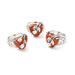 Red Jasper Natural Red Jasper Adjustable Rings, Platinum Tone Heart with Flower Brass Rings for Women, Cadmium Free & Lead Free, US Size 6 3/4(17.1mm), 4.5~9mm