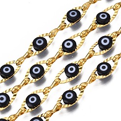 Black Ion Plating(IP) 304 Stainless Steel Textured Oval Cable Chains, with Enamel Evil Eye Beads, with Spool, Unwelded, Real 18K Gold Plated, Nickel Free, Black, 11x5.5x3mm, 7.5x3x1mm, about 32.81 Feet(10m)/Roll