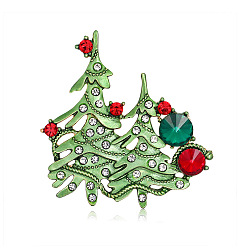Verde Alfiler de esmalte de árbol de Navidad con diamantes de imitación, broche de aleación de oro claro para ropa de mochila, verde, 53x53 mm