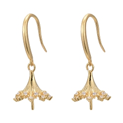 Golden 925 Sterling Silver Dangle Earring Findings, with Cubic Zirconia, For Half Drilled Beads, Clear, Golden, 30x11mm, 22 Gauge, Pin: 0.6mm