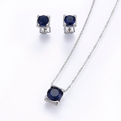 Stainless Steel Color 304 Stainless Steel Jewelry Sets, Pendant Necklaces and Stud Earrings, with Cubic Zirconia, Dark Blue, Stainless Steel Color, 17.71 inch(45cm), 7x6x4.5mm, Pin: 0.8mm