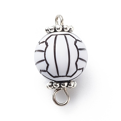 Volleyball Акриловые подвески для баскетбольных коннекторов, с космическими бусинами античного серебра, круглый шар, белые, волейбольный мяч, 20x11.5~12 мм, Отверстие : 1.6 мм & 2.5 мм