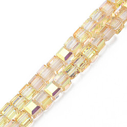 Gold Electroplate Transparent Glass Beads Strands, Faceted, Cube, Gold, 7x7x7mm, Hole: 1.4mm, about 100pcs/strand, 26.77 inch(68cm)