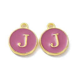 Letter J Golden Plated Alloy Enamel Charms, Cadmium Free & Lead Free, Enamelled Sequins, Flamingo, Flat Round with Letter, Letter.J, 14x12x2mm, Hole: 1.4mm