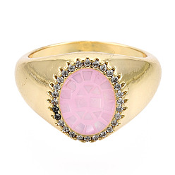Бледно-Розовый Овальное кольцо из натуральной раковины морского ушка/пауа с прозрачным кубическим цирконием, толстое кольцо из настоящей позолоченной латуни 18k для женщин, без никеля , розовый жемчуг, размер США 7 1/4 (17.5 мм)