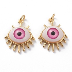 Pink Brass Pendants, with Acrylic and Jump Rings, Eye, Long-Lasting Plated, Real 18k Gold Plated, Pink, 21.5x18x7mm, Hole: 3mm, Jump Ring: 5x1mm