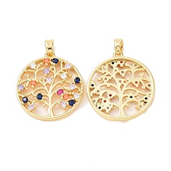 Real 18K Gold Plated Brass Micro Pave Cubic Zirconia Pendants, Flat Round & Tree Charm, Real 18K Gold Plated, 24.5x22x3mm, Hole: 2.5x5mm