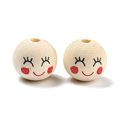 Red Printed Wood European Beads, Wooden Large Hole Round Beads with Smiling Face Print, Undyed, Red, 20x18mm, Hole: 5mm, about 217pcs/500g.