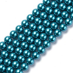 Deep Sky Blue Eco-Friendly Dyed Glass Pearl Round Beads Strands, Grade A, Cotton Cord Threaded, Deep Sky Blue, 12mm, Hole: 0.7~1.1mm, about 34pcs/strand, 15 inch