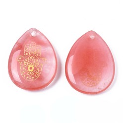 Cherry Quartz Glass Cherry Quartz Glass Pendants, Teardrop with Hamsa Hand Pattern, 32~33.5x25~26x6.5~7.5mm, Hole: 2mm, 6pcs/bag
