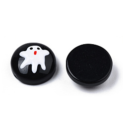 Noir Cabochons halloween en résine émaillée opaque, demi-rond avec fantôme blanc, noir, 14x5.5mm