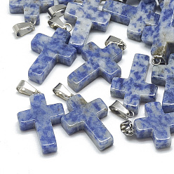 Punto Piedra Azul Colgantes de jaspe azul natural, con broches de presión de acero inoxidable, cruzar, 29~30x18~19x5~6 mm, agujero: 6x4 mm
