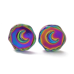 Rainbow Color Placage ionique (ip) 304 rond plat en acier inoxydable avec clous d'oreilles lune pour femmes, couleur arc en ciel, 13x12.5mm