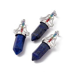 Lapislázuli Colgantes grandes teñidos con lapislázuli natural, 7 amuletos de bala facetados de chakra, con fornituras de latón platinado y pedrería de colores, sin plomo y cadmio, 55x22.5x16 mm, agujero: 8x5 mm