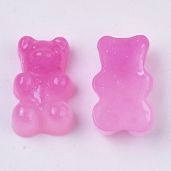 Deep Pink Opaque Resin Cabochons, with Glitter Powder, Two Tone, Bear, Deep Pink, 18x11x8mm
