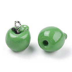 Lime Green Apple Resin Charms, with Platinum Tone Iron Screw Eye Pin Peg Bails, Lime Green, 15x12mm, Hole: 2mm