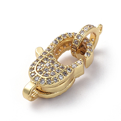 Real 18K Gold Plated Brass Micro Pave Cubic Zirconia Lobster Claw Clasps, with Bail Beads/Tube Bails, Clear, Real 18K Gold Plated, 19x10.5x6mm, Hole: 1.2mm