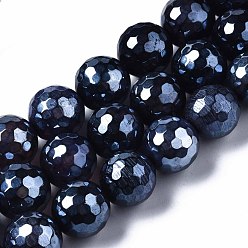 Midnight Blue Natural Agate Beads Strands, Pearl Luster Plated, Faceted, Round, Midnight Blue, 12mm, Hole: 1.6mm, about 30~33pcs/strand, 13.70~15.75 inch(34.8~40cm)