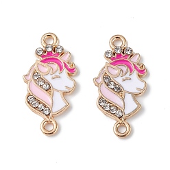 Pink Alloy Enamel Connector Charms, Unicorn Links with Crystal Rhinestone, Light Gold, Cadmium Free & Nickel Free & Lead Free, Pink, 23x11.5x2mm, Hole: 1.6mm