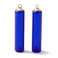 Blue Handmade Lampwork Pendants, with Golden Alloy Bead Cap Pendant Bails, Perfume Bottle, Blue, 40x8mm, Hole: 1.8mm