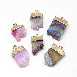 Natural Agate Natural Druzy Agate Pendants, with Brass Findings, Dyed, Golden, 23~32x15~18x7~10mm, Hole: 2~2.5mm