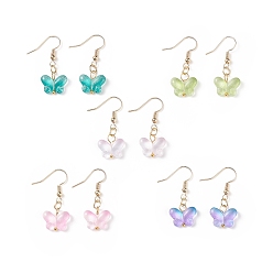 Mixed Color 5 Pairs 5 Color Glass Butterfly Dangle Earrings, Brass Drop Earrings for Women, Mixed Color, 33mm, Pin: 0.6mm, 1 Pair/color