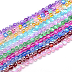 Mixed Color Synthetic Moonstone Beads Strands, Holographic Beads, Dyed, Frosted, Round, Mixed Color, 12mm, Hole: 1mm, about 30~32pcs/strand, 14~15 inch