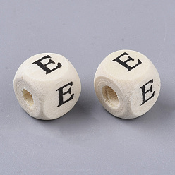 Letter E Perles de bois naturel imprimées, trou horizontal, cube avec la lettre initiale, papayawhip, letter.e, 10x10x10mm, Trou: 3.5mm, environ1000 pcs / 500 g