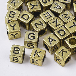 Antique Golden Plated Plated Acrylic Beads, Horizontal Hole, Cube with Random Initial Letter, Antique Golden, 6x6x6mm, Hole: 3.5mm, about 2500pcs/500g