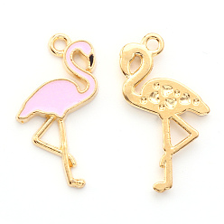 Pink Alloy Enamel Pendants, Flamingo Shape, Light Gold, Pink, 26x14x2mm, Hole: 1.6mm