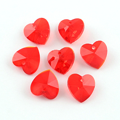 Rouge Pendentifs coeur en verre transparent, facette, rouge, 14x14x8mm, Trou: 1.5mm
