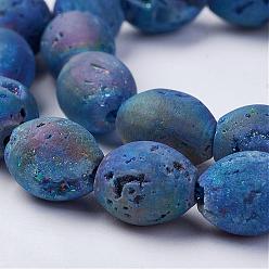 Blue Electroplated Natural Druzy Geode Agate Bead Strands, Drum, Blue, 9.5~10.5x8mm, Hole: 1mm, about 20pcs/strand, 7.48 inch